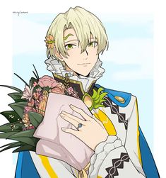 an anime character holding a bouquet of flowers and looking at the camera with one hand on his chest