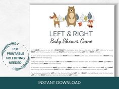 the printable baby shower game is shown with an image of a bear and deer