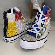 Custom Converse Designed In Ab Rhinestones, Ab White Pearls, Ab Grass Pearls, Ab Sunny Side Up Pearls, Ab Deep Ocean Pearls, Ab Flame Pearls, Hunter Green Rhinestones, Glass Slipper Rhinestones, And Ab Orange Rhinestones! Last And Only Pair Available! Big Kids Size 4.5 = Women’s 6.5 Converse Sneakers With Rhinestones And Round Toe, Decorated Converse, Studded Converse, Rhinestone Sneakers, Converse Design, Bedazzled Shoes, Bling Converse, Custom Converse, Shoes Converse