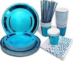 blue plates, cups and straws on a white background