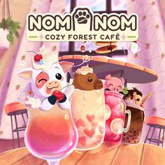 there are many drinks on the table with nomnom logo above them and an animal in the background