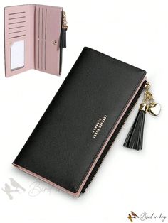 Bird in Bag - Black and Pink Womens Long Tail Wallet with Multiple Card Slots and Two Foldable Clips - PU Leather Fashionable Zippered Wallet Black Bifold Clutch With Card Slots, Black Wallets With Card Slots For Daily Use, Elegant Black Wallet With Mobile Phone Bag, Black Clutch With Interior Card Slots As Gift, Black Coin Purse With Card Slots In Clutch Shape, Black Clutch Wallet With Mobile Phone Bag, Black Clutch With Card Slots For Daily Use, Black Wallet With Mobile Phone Bag For Daily Use, Black Card Holder With Zipper Closure As Gift