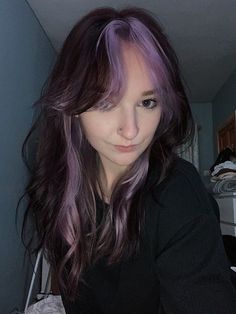 #purple Purple Hair Dye Ideas For Brown Hair, Purple Dip Dye Hair Black, Two Strand Dyed Hair, Long Black Hair With Purple Streaks, Brown Hair With Purple Bangs, Plum Hair Streaks, Purple And Black Hair With Bangs, Lavender Streaks In Brown Hair, Purple Front Pieces Of Hair