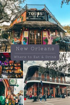 the new orleans where to eat and drink is featured in this postcard with images of buildings