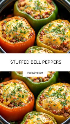 stuffed bell peppers in a slow cooker with text overlay that reads stuffed bell peppers