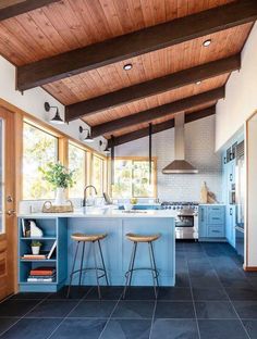 a kitchen with two stools in front of an island