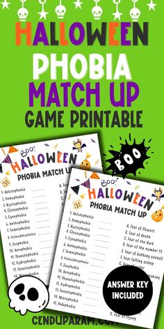 halloween phobia match up game printable for kids to play in the classroom