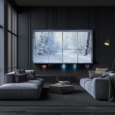 a living room filled with furniture and a large window covered in frosty trees on the wall