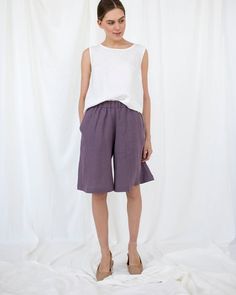 Linen Purple Culottes, Soft Loose Shorts, High Waist ShortsD E S C R I P T I O N- Loose, comfortable fit- Extensive leg (“skirt-short”)- An elastic waistband (medium high-waist)- Side seam pockets- The knee-lengthD E T A I L S- Name: ATHENS- Sizes: XS - XXL- Color: Mustard, Dusty peach, Salmon, Terracotta, Burgundy red, Cacao, Pine green, Chartreuse green, Milky white, Dusty Lavender, Light Grey, Mint, Sky blue, Blue, Deep blue, Striped grey, Grey, Charcoal grey, Black.- 100% European soft and w Summer Wide Leg Shorts With Built-in Shorts, Bohemian Shorts With Pockets, Summer Wide Leg Relaxed Fit Shorts, Summer Capris With Built-in Shorts, Summer Bermuda Pants With Elastic Waistband, Knee-length Summer Shorts, Knee-length Beach Shorts, Summer Knee-length Shorts, Bohemian Bottoms With Built-in Shorts