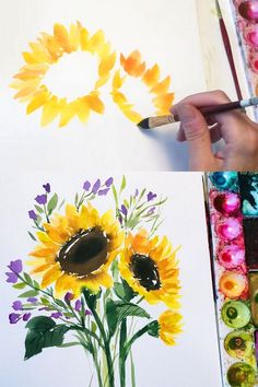 someone is painting sunflowers in watercolor and then they are using acrylic paint