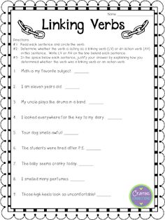 the worksheet for linking verbs is shown in black and white with an image of