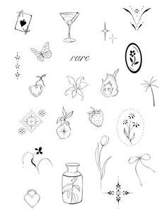 the back side of a tattoo design with various tattoos on it, including flowers and hearts