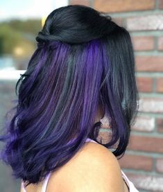 Hair Color Ideas For Brunettes With Purple, Black And Purple Hair Ideas, Black Hair Purple Highlights, Hair Purple Highlights, Purple Hair Color Highlights, Purple Underneath Hair, Purple Peekaboo Hair, Black And Purple Hair, Purple Hairstyles