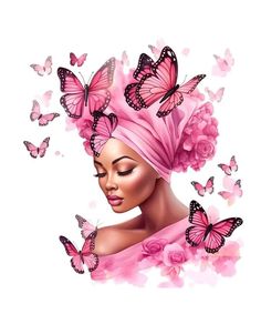 a woman with pink hair and butterflies on her head is surrounded by pink flowers in the shape of butterfly wings