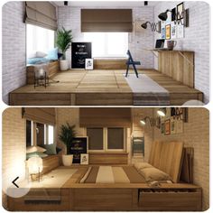 two pictures of a living room with wood flooring and white brick walls, one showing the