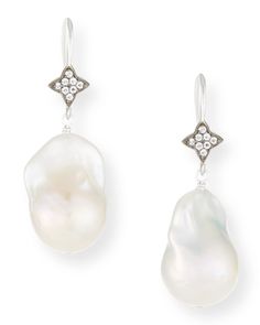 Drop earrings by Margo Morrison. Sterling silver. Pavé white sapphire top detail. Color enhanced freshwater cultured pearls. Wire backs for pierced ears. Approx. 0.8"L. Made in the USA. Sapphire Drop Earrings, Freshwater Cultured Pearls, White Sapphire, Baroque Pearls, Cultured Pearls, Pierced Ears, Ear Piercings, Neiman Marcus, Top Designers