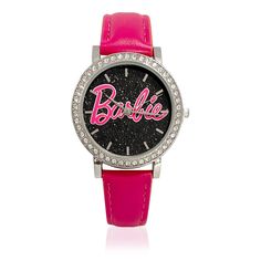 a women's watch with the word barbie written on it in pink and black