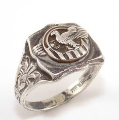 "W.W. II era, antique silver , \"Ruptured Duck\" and sterling mark on the ring It is a size 11.5 send worldwide I send all my items by registered airmail + Insurance Shipping to U.S.A and Europe usually take between 7-21 days. Shipping cost to all buyers 17$" Mens Ring Sizes, 925 Ring, Mens Ring, 925 Silver Rings, Rose Gold Ring, Heart Pendant, Floral Rings, Antique Silver, Gold Rings