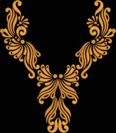 an ornate gold necklace on a black background with swirls and scrolls in the center