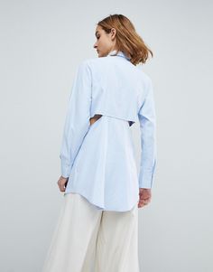 Shirt by ASOS WHITE Point collar Button placket Cut-out sides Drape front Relaxed fit Loose but not oversized Office Shirt With Shirttail Hem For Spring, Curator Style, White Shirt, Bell Sleeve Top, Cut Out, Asos, Relaxed Fit, Collar, Women's Top