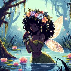 a fairy with flowers in her hair standing in the water