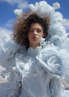 a woman with long hair wearing a white dress and flowers on her head, standing in front of a blue sky