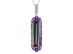 9.35ct emerald cut multicolor quartz with .92ctw round African amethyst and .06ctw round white topaz sterling silver pendant with 18"cable chain. Measures approximately 1.88"L x .44"W. 2mm bail. Spring ring clasp. Rhodium plated. Luxury Jewelry With Rectangular Gemstone Accents, Diamond Jewelry With Rectangular Gemstone Accents, Dazzling Purple Jewelry With Diamond Accents, Fine Jewelry With Crystal And Gemstone Accents, Multicolor Faceted Jewelry For Formal Occasions, Formal Multicolor Gemstone Accented Jewelry, Formal Multicolor Gemstone Jewelry, Dazzling Octagon Gemstone Jewelry, Dazzling Octagonal Gemstone Jewelry