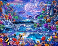 a painting of dolphins and other animals swimming in the ocean with flowers, plants, and rocks