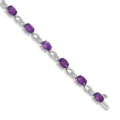 Rhodium over 14k white gold 9 cttw amethyst and diamond bracelet. Measures approximately 3/16 of an inch in width and has a box catch closure. Formal Purple Cubic Zirconia Bracelets, Formal Amethyst Gemstone Tennis Bracelet, Formal Amethyst Bracelets With Gemstone Accents, Elegant Sterling Silver Amethyst Bracelet For Formal Occasions, Elegant Sterling Silver Amethyst Bracelet, Formal Amethyst Gemstone Sterling Silver Bracelet, Elegant Purple Sterling Silver Bracelet For Formal Occasions, Elegant Formal Purple Sterling Silver Bracelet, Formal Purple Fine Jewelry Bracelet