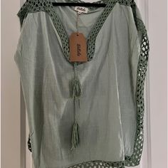 New With Tags! Light “Sage” Green Top. Super Cute! Summer Cotton One Size Tops, Chic Cotton Beach Cover-up Top, Casual Green Top For Beach Cover-up, One Size Cotton V-neck Top, One Size Green Top For Beach, Sage Green Top, Light Sage Green, Green Top, Green Tops