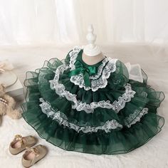 Tiered Ruffle Princess Dress For Dress-up, Tiered Princess Dress With Ruffles For Dress-up, Tiered Ruffle Princess Dress, Tiered Princess Dress With Ruffles, Princess Style Tiered Dress With Ruffles, Princess Dress With Ruffles And Tiered Design, Cute Ruffled Princess Dress For Birthday, Cute Princess Dress With Ruffles For Birthday, Green Princess Dress For Birthday And Christmas