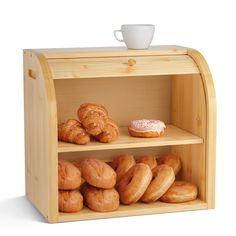 a wooden display case filled with donuts and pastries