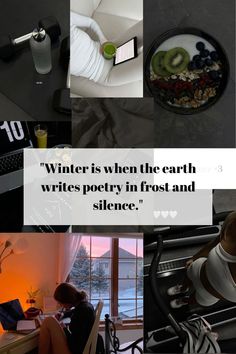 there is a collage of pictures with the words winter is when the earth writes poetry in frost and science