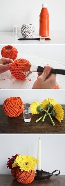 three pictures showing how to make crochet vases with yarn and flowers in them