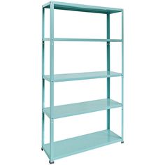 a blue shelf with three shelves on each side