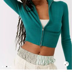 Brand New Urban Outfitters Uo Everleigh Two-Way Zip-Up Cardigan Fitted Green Cropped Sweater With Long Sleeves, Fitted Cotton Cropped Sweater For Fall, Urban Outfitters Cotton Sweater For Fall, Green Fitted Cropped Sweater For Winter, Fitted Green Cropped Sweater For Winter, Cozy Fitted Green Outerwear, Urban Outfitters Green Winter Outerwear, Fitted Fall Outerwear From Urban Outfitters, Green Fitted Casual Cardigan