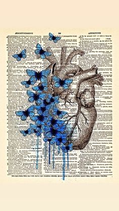 blue butterflies flying over an old book page with a heart and butterfly on the pages