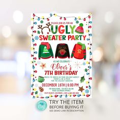 an ugly sweater party flyer is displayed on a table