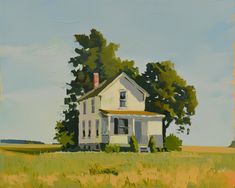 a painting of a white house with trees in the foreground and grass on the ground