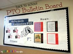 the back to school bulletin board has pictures on it