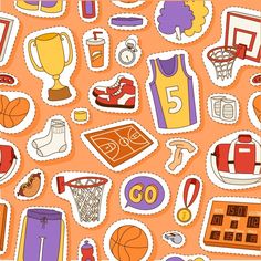 an orange background with various sports related items and numbers on it, including shoes, basketball hoop