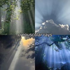 three different pictures with the words crepusular rays above them and below it