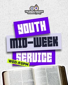 an open book with the words youth mid - week service in purple and white on it