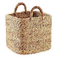 a woven basket with two handles on the front and back ends, made out of straw