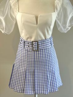 This skirt is so cute for the spring season. Featuring a blue gingham pleated skirt with a rhinestone studded belt, it's perfect! Pair it with our white puff sleeve white bodysuit and sneakers. Blue Summer Outfits, Gingham Outfit, Light Blue Skirts, Heart Blouse, Gingham Skirt, Bleu Pastel, Studded Belt, White Bodysuit, Skirt Fits