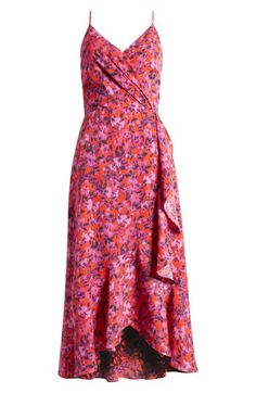 Vibrant blooms pop on this fiery sleeveless midi, fashioned with a wrapped bodice and a ruffled high/low skirt. 33" center front length; 42" back length (size Medium) Hidden back-zip closure Surplice V-neck Adjustable straps Lined 99% polyester, 1% spandex Machine wash, line dry Imported Dresses Chelsea 28 Wrap Dress, Fitted Sleeveless Wrap Dress With Ruched Details, Fitted Sleeveless Ruched Wrap Dress, Sleeveless Ruched Wrap Dress, Pink Ruched Dress With Surplice Neckline, Summer Pink Midi Dress With Surplice Neckline, Spring Ruched Midi Wrap Dress, Pink Surplice Neckline Summer Midi Dress, Spring Ruched Wrap Dress Midi Length