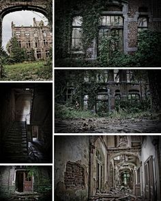 an old abandoned building with ivy growing on it's walls and windows in the middle