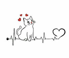 a drawing of a cat sitting on top of a heartbeat line with hearts flying around it