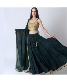 in stock Green Choli With Cutdana Detailing, Green Choli With Cutdana, Green Designer Choli For Party Wear, Elegant Green Choli For Navratri, Green Cutdana Traditional Party Wear, Green Choli For Diwali, Festive Dark Green Sets, Navratri Outfits, Gold Lehenga