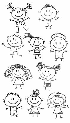 a black and white drawing of children's faces in different poses, with the words happy